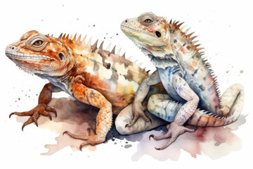 Naklejka premium Watercolor image of two iguanas on a white background.