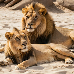 Obraz premium Male and female lions laying on the sand and resting