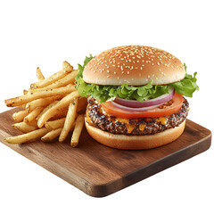 hamburger with crispy French fries on wooden board