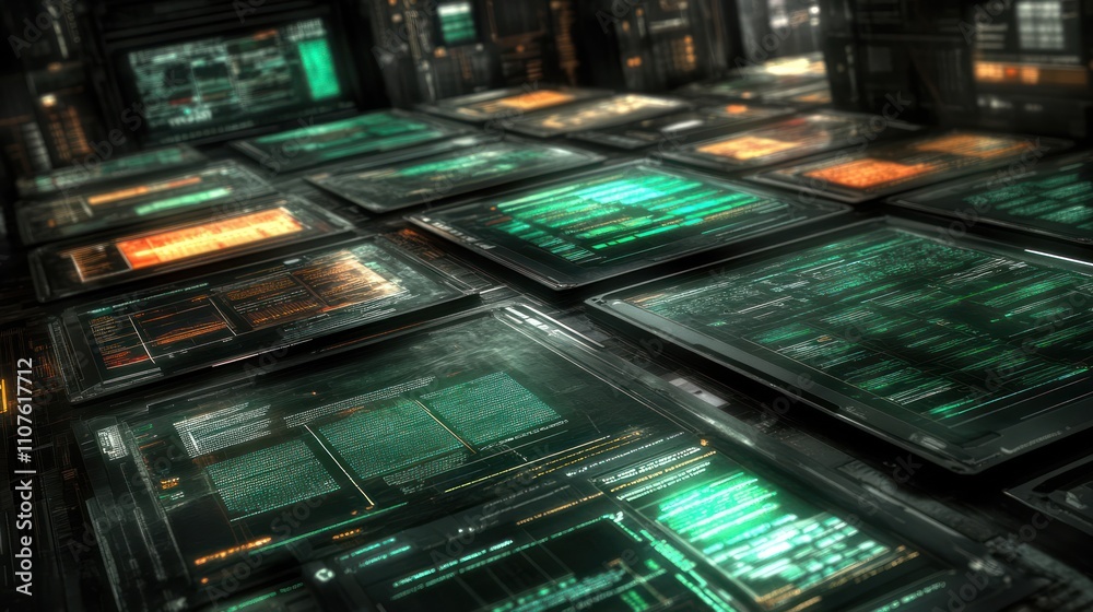 Poster a futuristic digital interface with glowing panels displaying data and information.