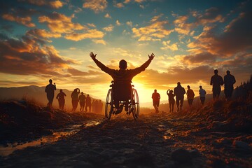Fototapeta premium Athlete in wheelchair surrounded by other runners at dusk. This image is perfect for promoting equality and inclusion in sport, inspiring, encouraging and promoting social cohesion.