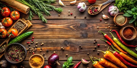 A Rustic Wooden Surface Adorned with Vibrant Spices, Fresh Herbs, and Colorful Vegetables, Providing a Culinary Background for a Delicious Meal