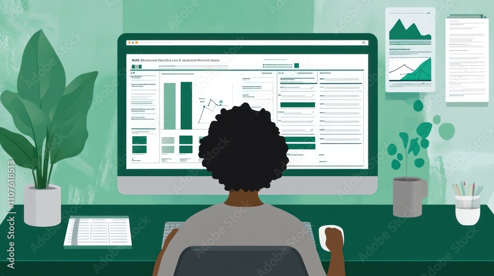 Poster A person analyzing data on a computer with charts and graphs in a modern workspace.