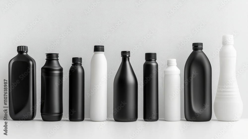 Poster a collection of black and white plastic bottles on a clean white backdrop, ideal for product adverti