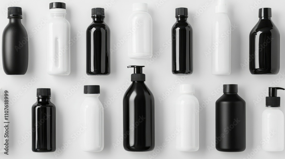 Poster a collection of black and white plastic bottles on a clean white backdrop, ideal for product adverti