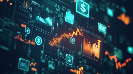 A digital banking interface with glowing graphs, rising financial charts, and floating currency symbols, symbolizing the secure flow of financial transactions in modern banking.
