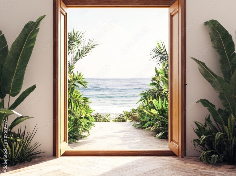 Poster a serene view of the ocean through an open door, framed by lush greenery.