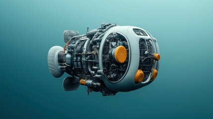 Futuristic robotic fish-shaped underwater drone or submarine with complex mechanical design in blue ocean environment