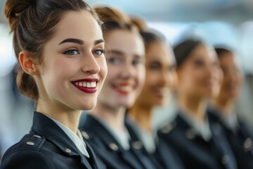 Fototapeta premium High Angle Shot of a Group of Stewardesses Smiling in a Professional Setting, Capturing Diversity and Team Spirit in Air Travel Service