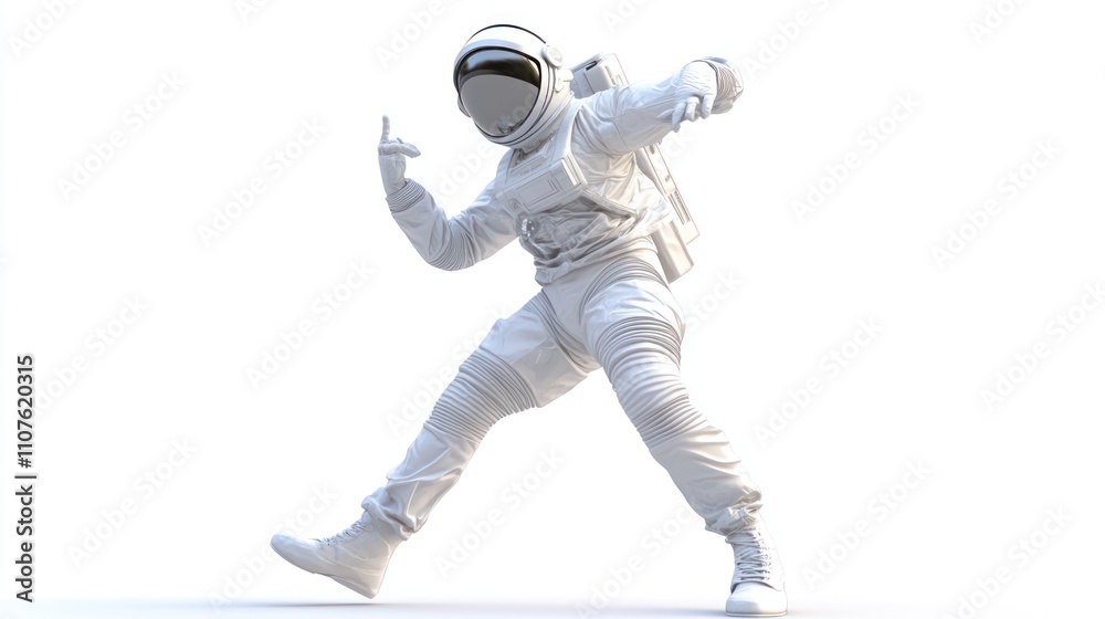 Poster a stylized astronaut in a dynamic pose against a white background.