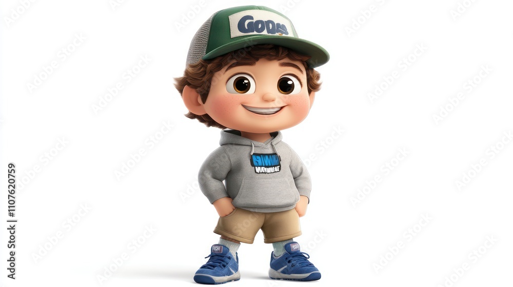 Poster A cheerful animated boy character in casual attire with a cap and sneakers.