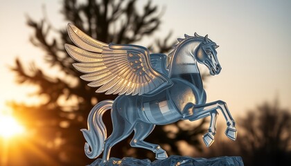 Fototapeta premium Crystal winged horse sculpture illuminated by sunset against a silhouette of trees