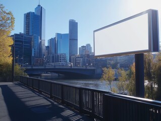 City Bridge Over River with Clear Sky and Billboard
