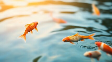 Obraz premium Colorful koi fish swimming gracefully in a serene pond at sunset reflecting warm golden light