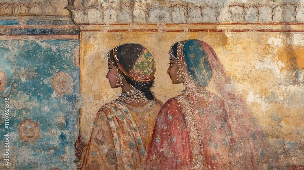 Wall mural A historic Indian painting in Amber Fort with two women in traditional attire, showcasing intricate details of Rajasthani art and culture