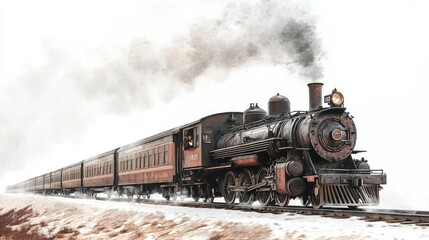 Obraz premium A long Indian train moving steadily on tracks, with the white sky providing a stark contrast to the motion and grandeur of the train