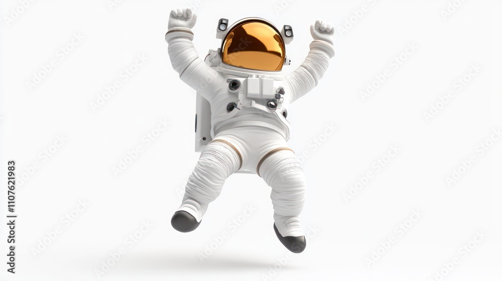 Poster a stylized astronaut figure floating in space, showcasing a futuristic design.