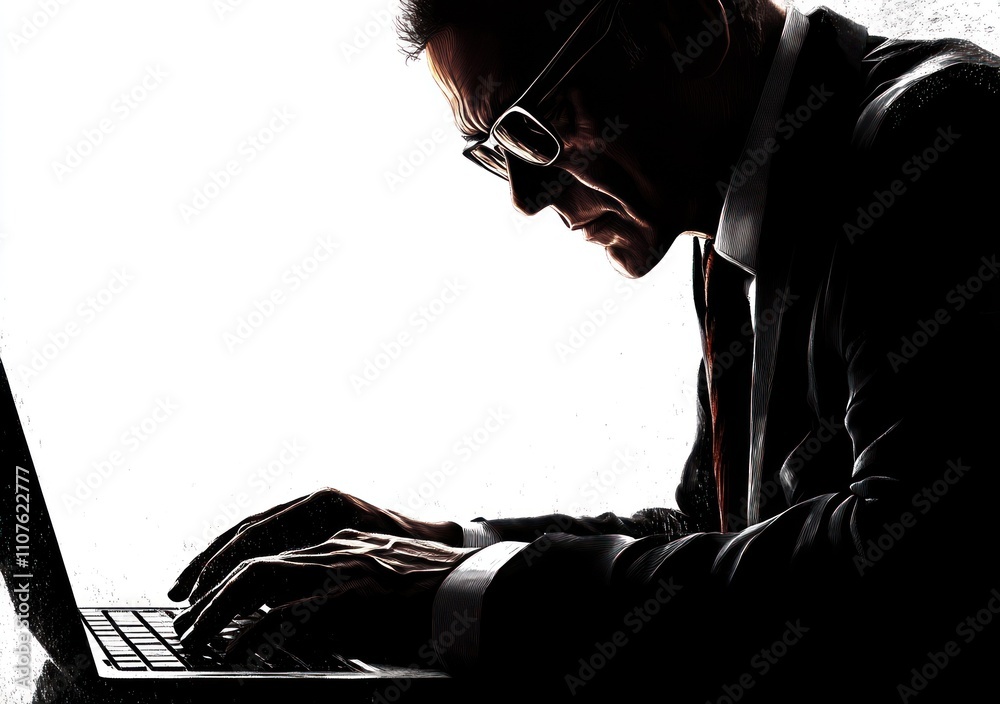 Poster a silhouette of a focused individual working on a laptop, emphasizing concentration and technology.
