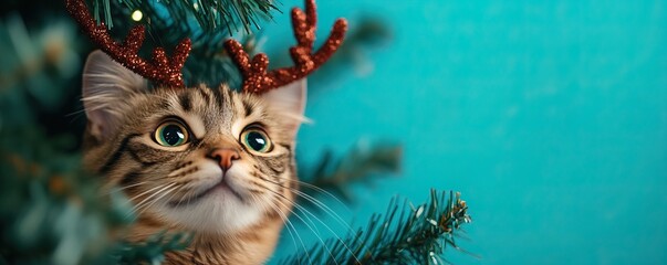 Obraz premium A festive cat with reindeer antlers peeks out from a Christmas tree, capturing the holiday spirit in a playful, charming way.