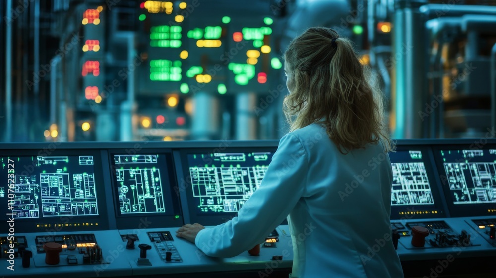 Poster in a high-tech control room, a woman oversees complex industrial equipment and data displays. the en