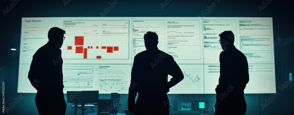Poster three silhouettes observing data on a large screen in a darkened room.