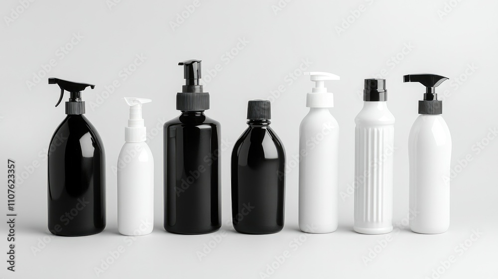 Poster a set of black and white plastic bottles with varying shapes and sizes, isolated on a clean white ba