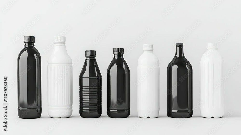Poster a set of black and white plastic bottles with varying shapes and sizes, isolated on a clean white ba