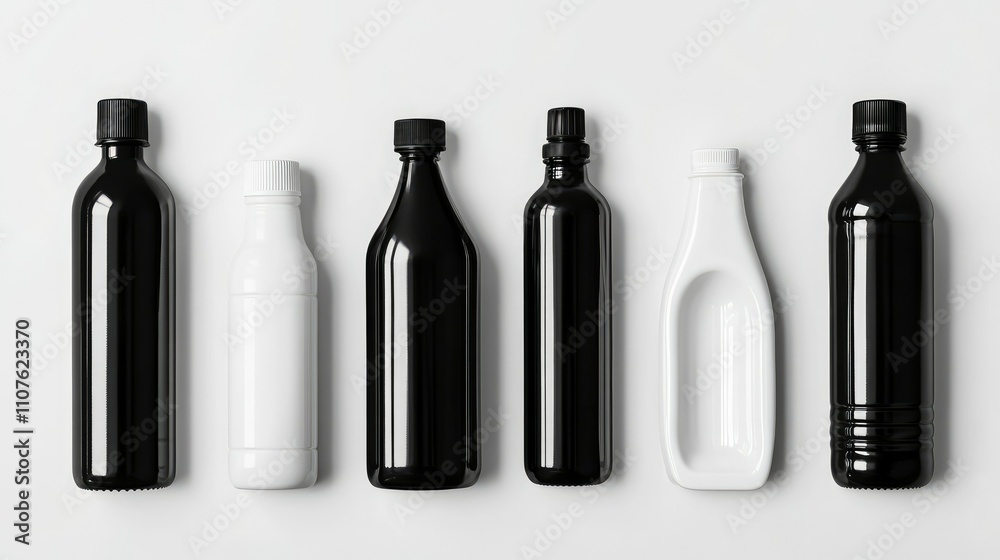 Poster a set of black and white plastic bottles with varying shapes and sizes, isolated on a clean white ba