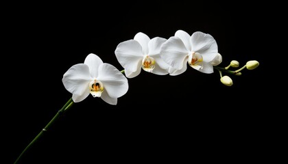 Obraz premium A stunning display of delicate white orchids, showcasing their intricate petals and vibrant details against a deep black background, symbolizing beauty and elegance in nature.