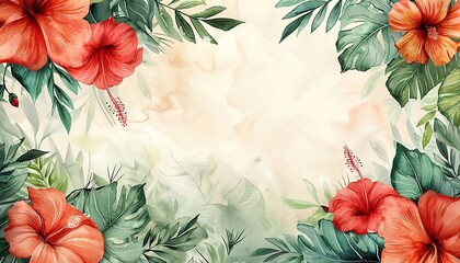 Watercolor of Tropical spring floral green leaves and flowers elements isolated on transparent png 