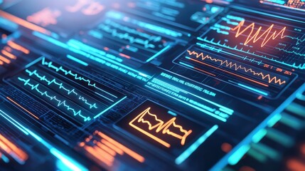 A futuristic digital interface displaying colorful waveforms and data metrics, representing technology and data analysis.