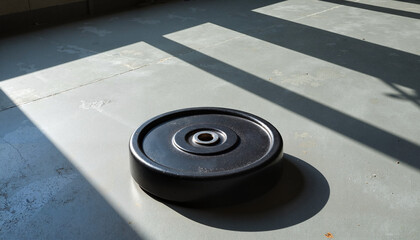 Weight plate lying on the floor with sunlight creating shadows in a fitness space, indoor fitness