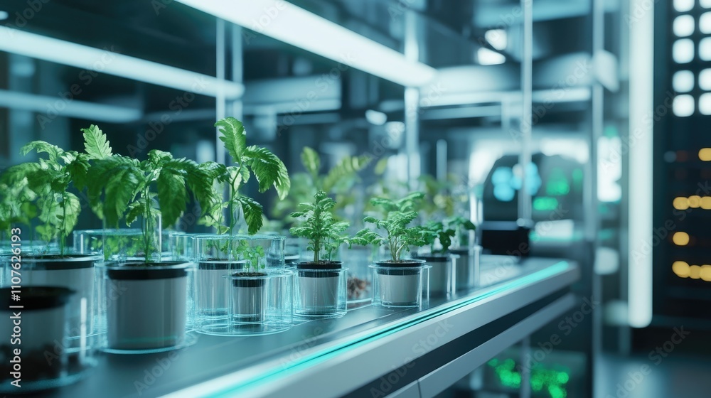Aufkleber advanced lab setup with glass containers and small plants growing, showcasing cutting-edge research 