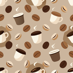 Obraz premium Seamless Vector Pattern with Watercolor Coffee Cups and Beans. Perfect for: Coffee shop branding, cafe menus, cozy home decor