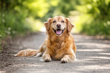 A happy golden retriever lounges contentedly on a sunlit pathway, embodying joy.