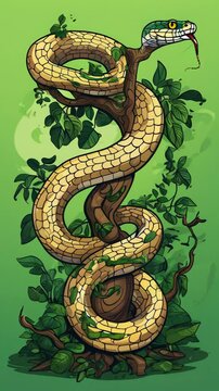 A stylized snake entwined around a tree, surrounded by lush green leaves.
