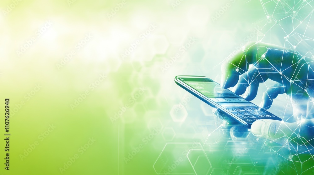 Poster A hand interacting with a smartphone, surrounded by digital elements and a gradient background.