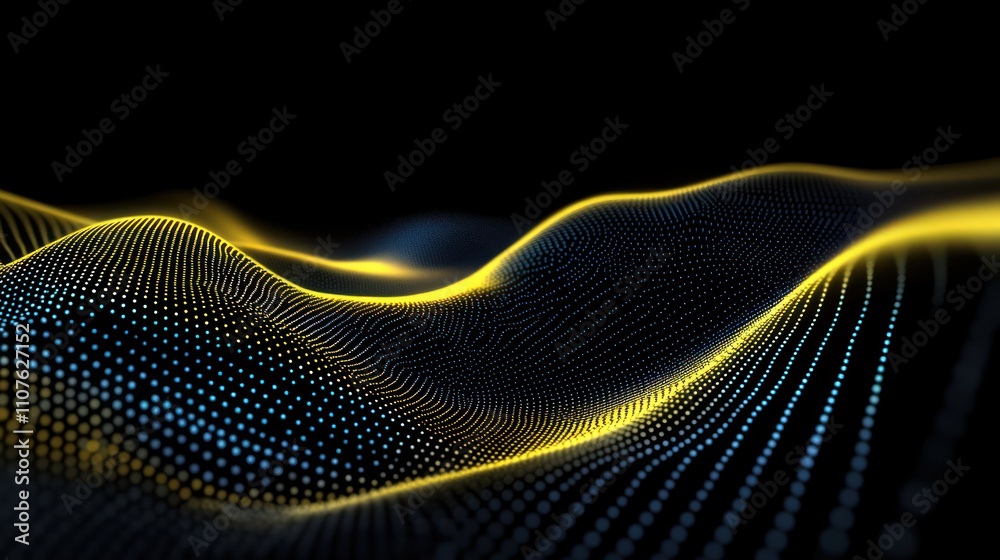 Poster Abstract digital waves with glowing lines and dots on a dark background.
