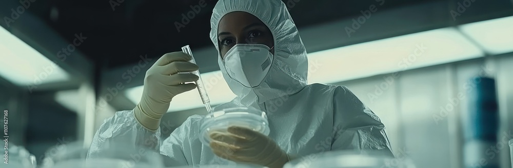 Aufkleber a scientist in protective gear conducts a laboratory experiment with a pipette and petri dish.