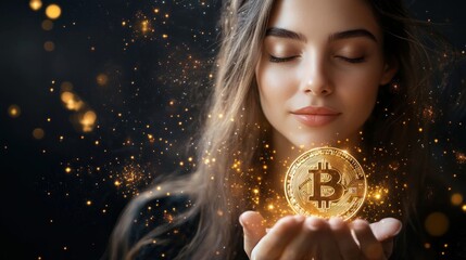 Mystical Bitcoin: Woman Holding Glowing Cryptocurrency