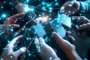 Multiple Hands Holding Smartphones and Tablets Together