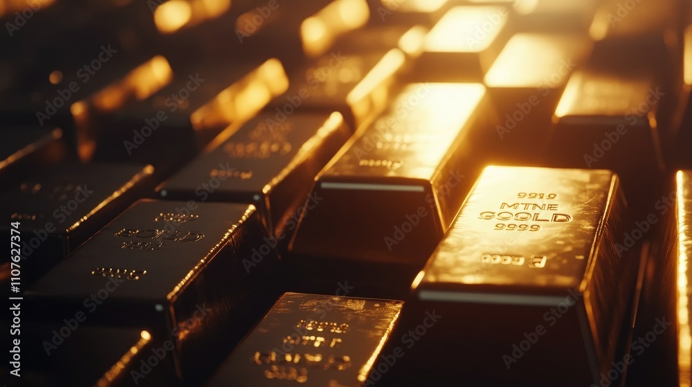 Poster close shot of shining gold bars with a banking theme in the backdrop, illustrating investment opport