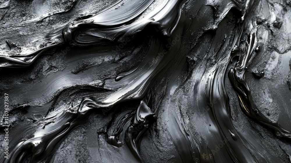 Poster Close-up of a dramatic dark grey abstract fluid texture with ripples on a metallic surface, creating a striking visual effect of movement and depth.