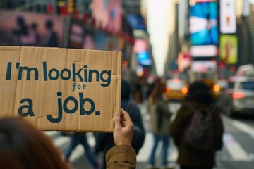 Person Holding Job Search Sign in Busy City
