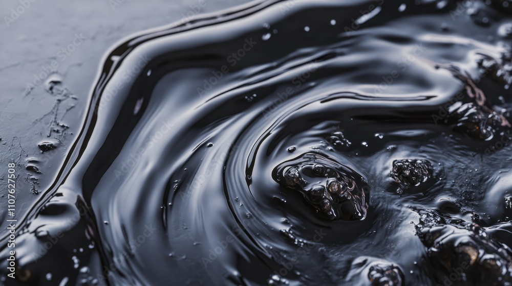 Poster Close-up of a dramatic dark grey abstract fluid texture with ripples on a metallic surface, creating a striking visual effect of movement and depth.