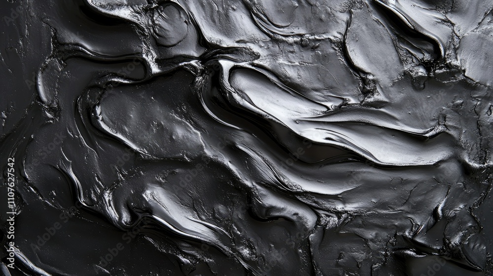 Fototapete Close-up of a dramatic dark grey abstract fluid texture with ripples on a metallic surface, creating a striking visual effect of movement and depth.