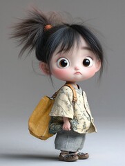 Adorable young girl with a curious expression wearing casual clothes and a backpack in a 3D cartoon style