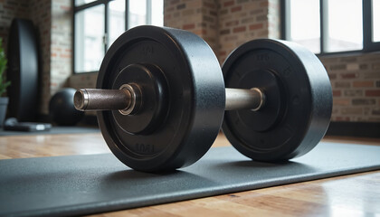 Dumbbells on a yoga mat in a modern gym with large windows and exposed brick walls, indoor fitness
