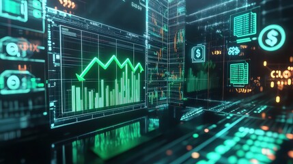 Glowing green financial data streams across a dark futuristic interface showing upward trending growth.