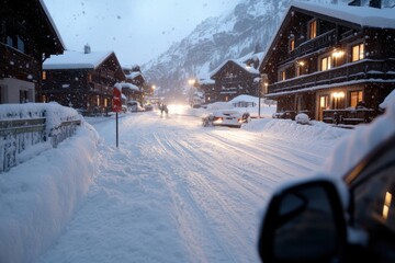 Fototapeta premium A cozy mountain village blanketed in soft snow reveals charming chalets and a tranquil road, encapsulating the warmth and beauty of a winter evening.